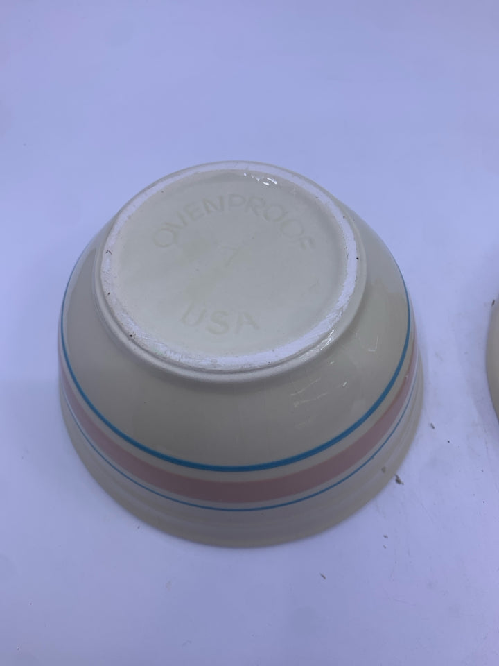 2 VTG OVENPROOF CREAM W/ PINK + BLUE STRIPE BOWLS.