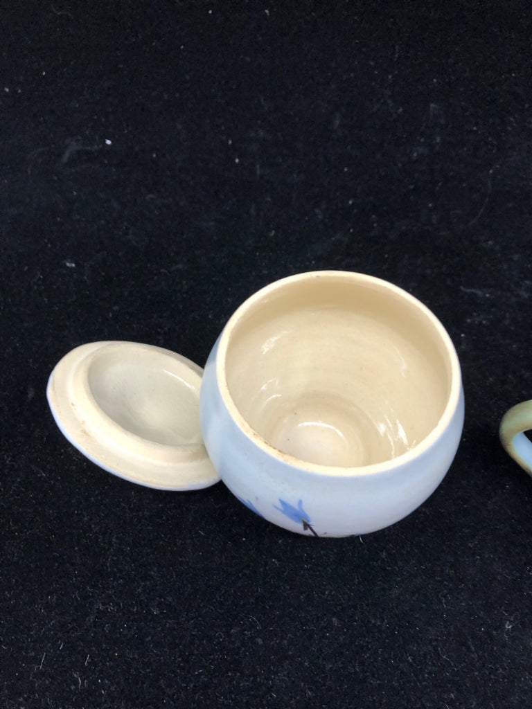 BLUE/GREEN POTTERY PAINTED CREAMER AND SUGAR.
