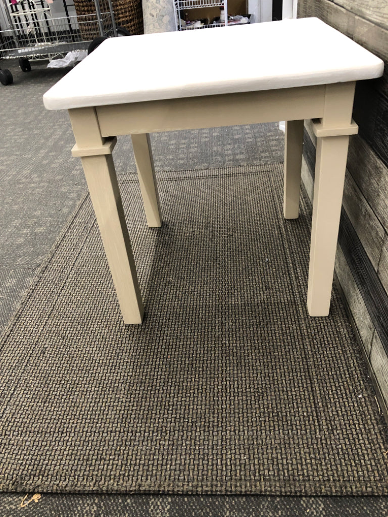 DISTRESSED WHITE TOP CREAM LEGS SIDE TABLE.