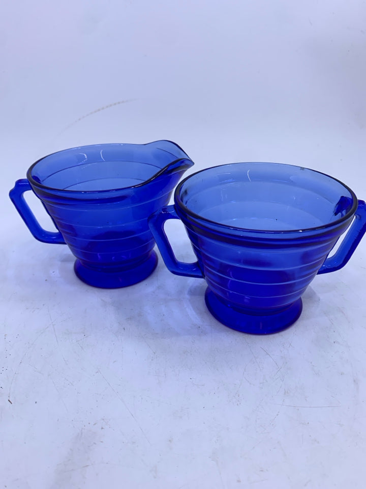 2PC COBALT BLUE RIBBED SUGAR & CREAMER SET.