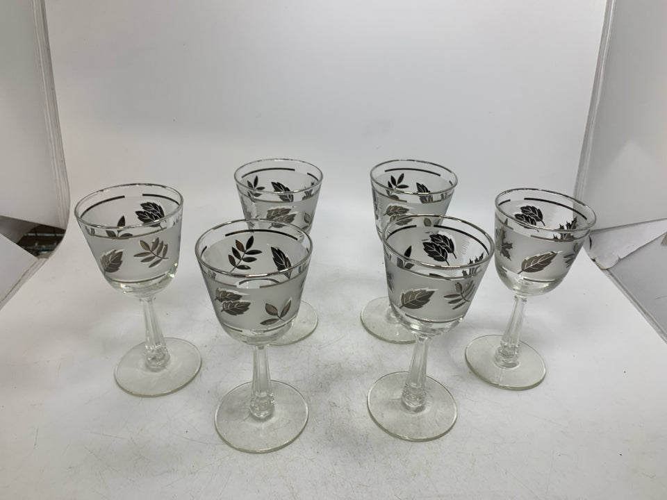 6 CORDIAL FROSTED GLASSES W/ SILVER LEAVES.