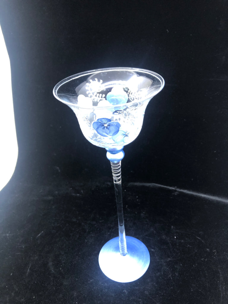 TALL GLASS VOTIVE CANDLE HOLDER BLUE FLORAL AND BLUE BASE.