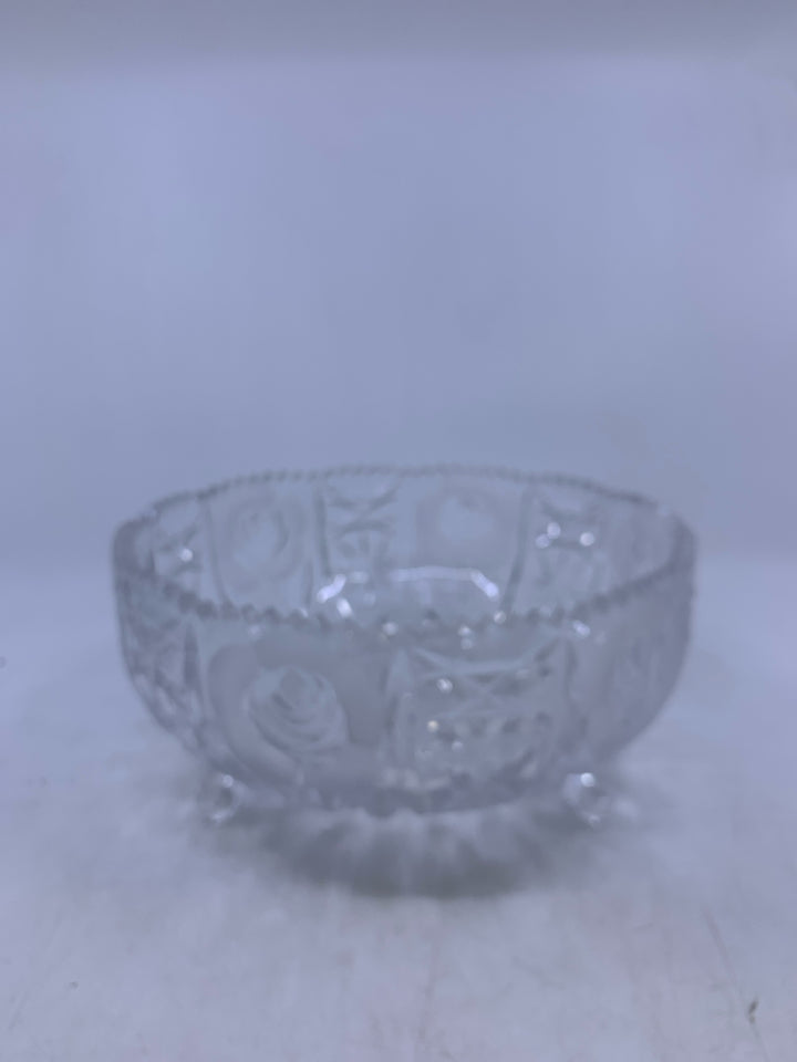 HEAVY CRYSTAL FOOTED BOWL W/ FROSTED ROSES SAWTOOTH EDGE.