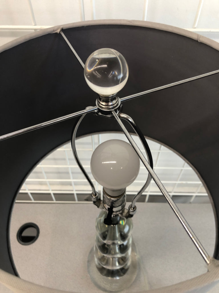 GLASS BALL BASE LAMP W/GREY SHADE.