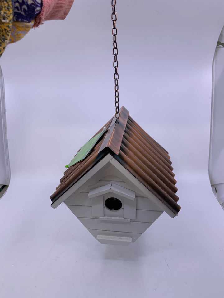 NEW WHITE BIRD HOUSE W/ COPPER METAL ROOF.