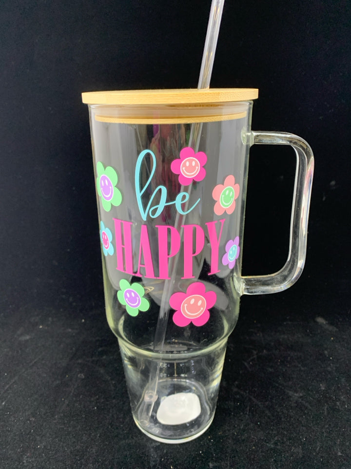 BE HAPPY GLASS WATER BOTTLE FLORAL W/BAMBOO LID, GLASS HANDLE & STRAW.