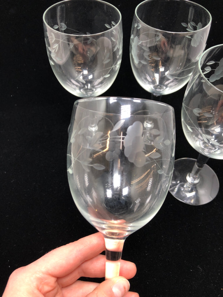 4 FLOWER ETCHED HERITAGE WINE GLASSES.
