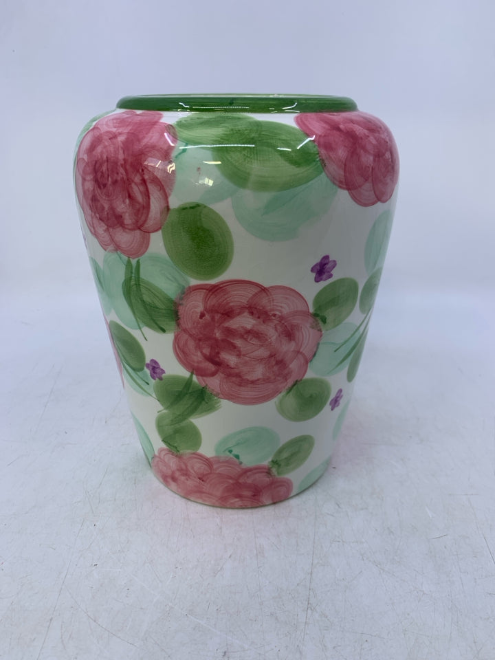 WHITE CERAMIC VASE W/ PINK FLOWERS GREEN SPOTS.