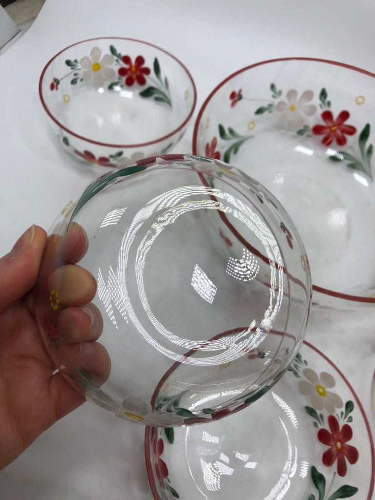 6PC DAISY PAINTED GLASS SERVING BOWL W/5 BOWLS.
