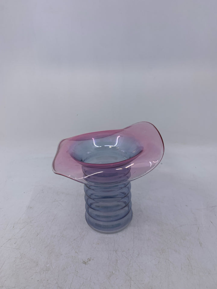 DELICATE PINK/ BLUE GLASS ROLLED EDGE VASE.
