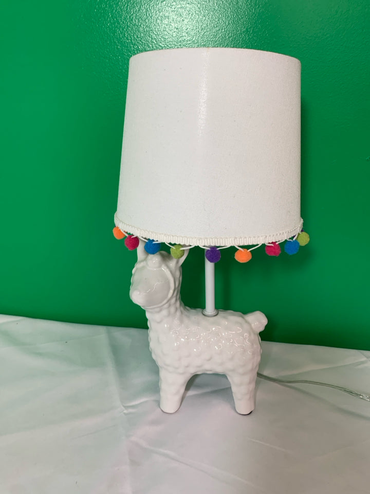 WHITE LLAMA LAMP W POP POM SHADE.