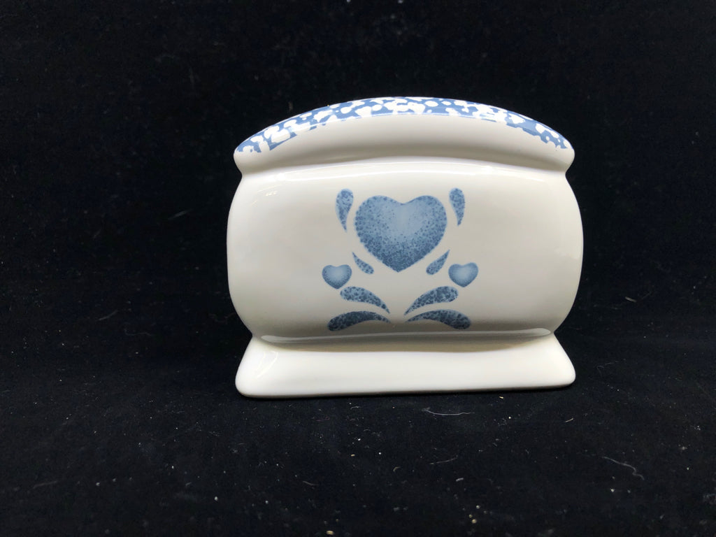 WHITE CERAMIC NAPKIN HOLDER W/BLUE HEART.