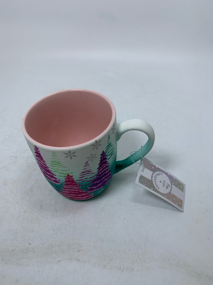 NWT PURPLE/PINK CHRISTMAS TREES W/ SNOWFLAKES MUG.