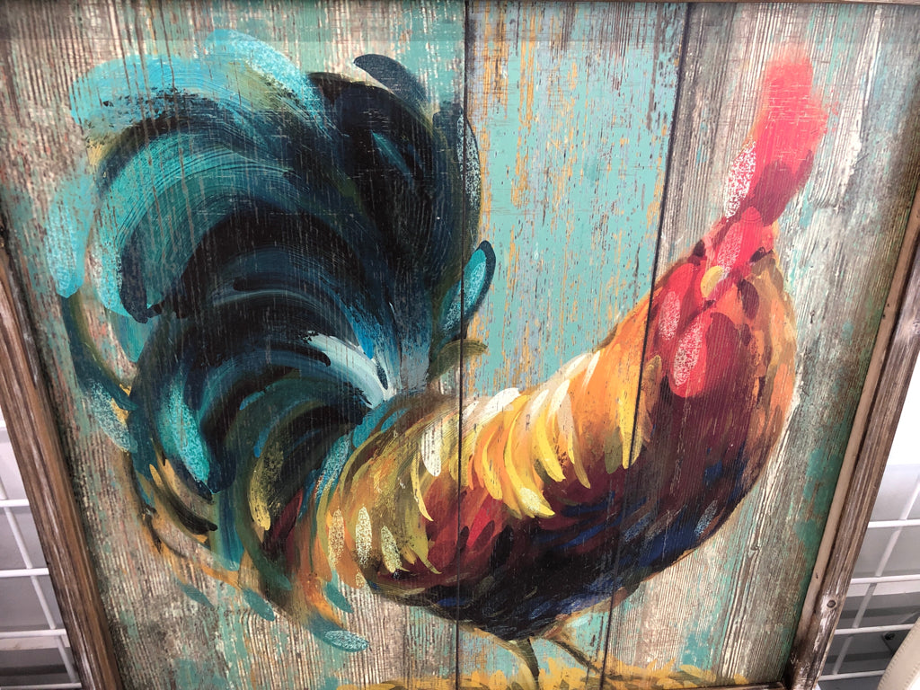 PAINTED ROOSTER SWATCH ON WOOD BOARD.
