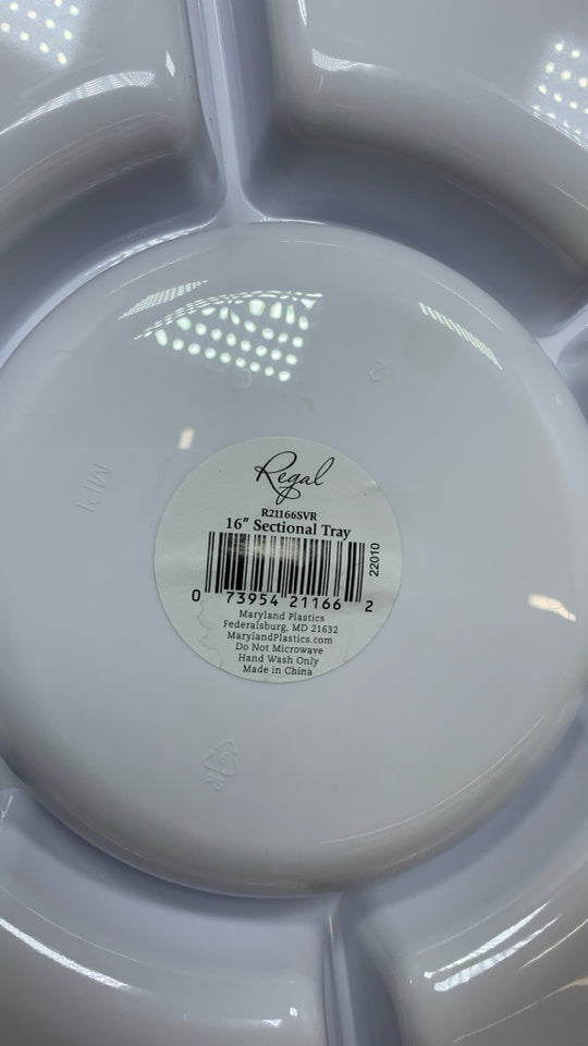 WHITE MELAMINE SNACK SERVING TRAY W/SILVER RIM.