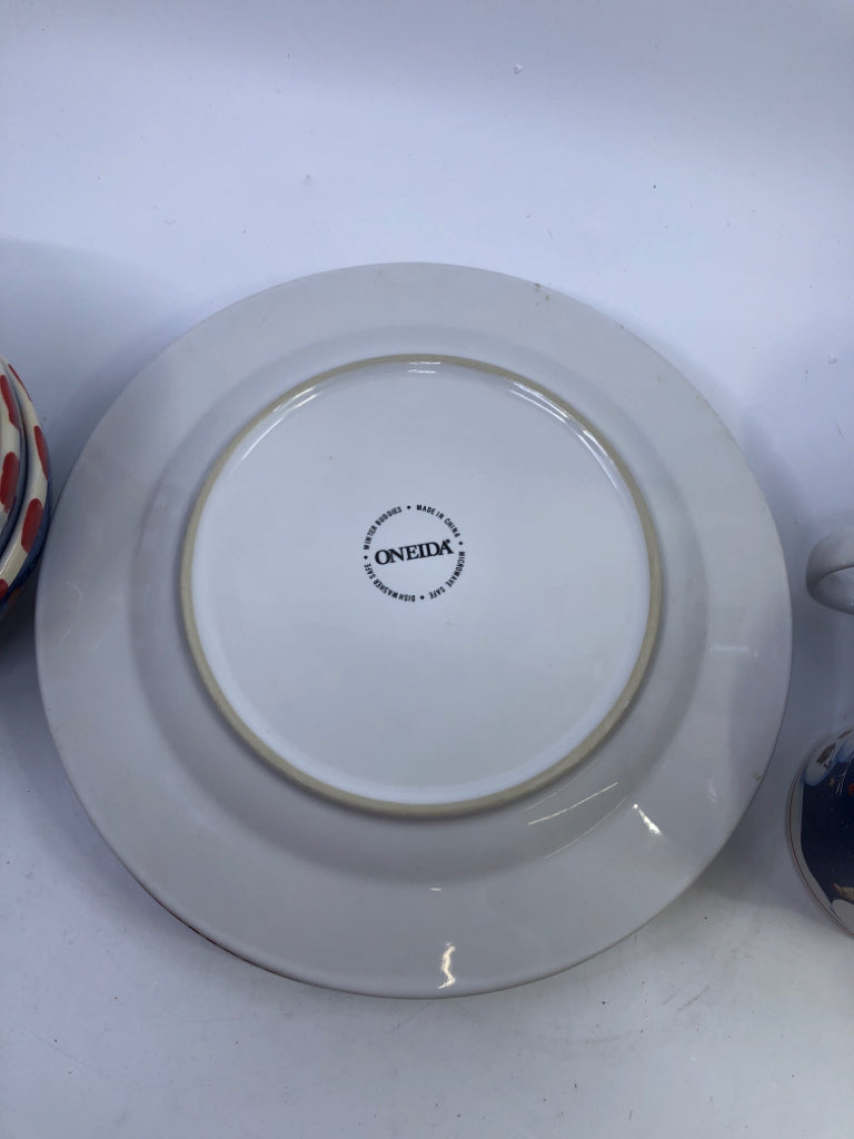 16 PC SVC 4 PRIMITIVE SNOWMAN DINNER,LUNCH,BOWLS,MUGS.