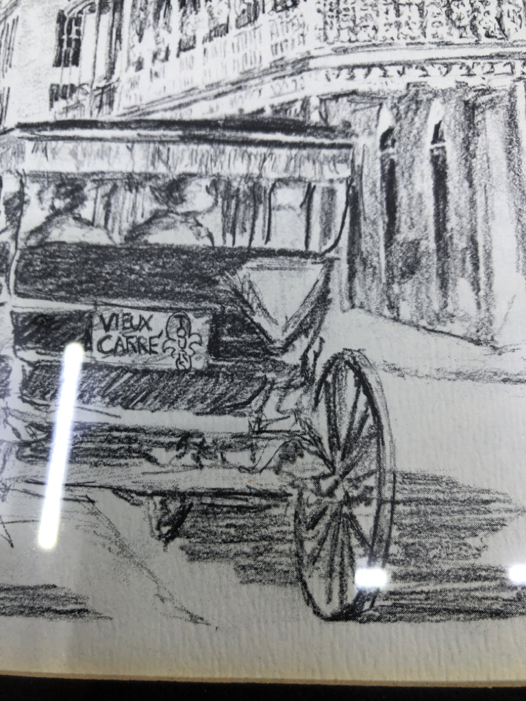 ROYAL STREET NEW ORLEANS-FRAMED CHARCOAL DRAWING.
