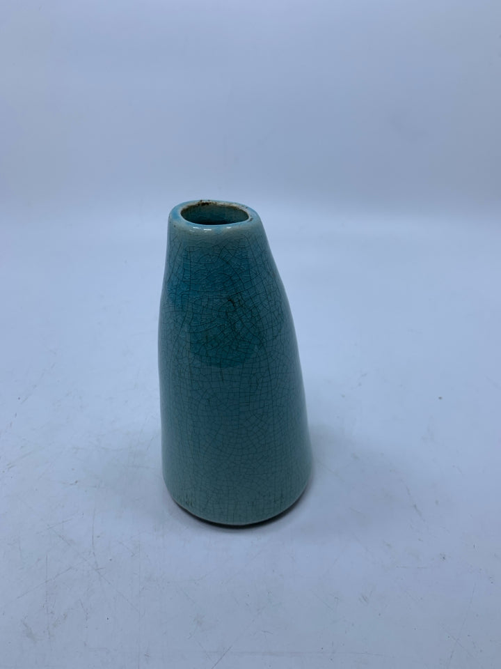 LIGHT BLUE CRACKLE CONE SHAPED VASE.