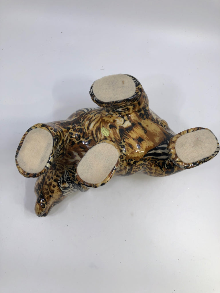 SAFARI PATCHWORK BEAR CERAMIC W/FABRIC OVERLAY GLAZE.