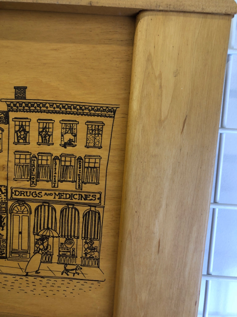 VTG WOOD WALL ART W/ TOWN ILLUSTRATION.