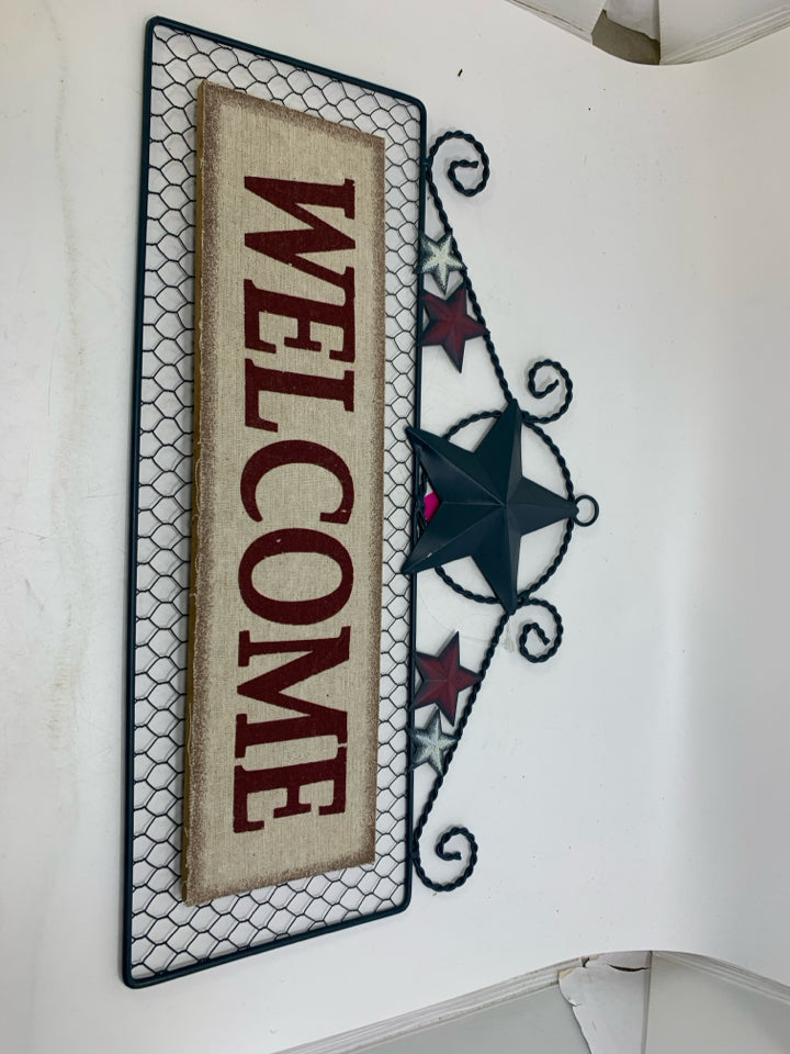 BLUE CHICKEN WIRE W/ STARS WELCOME SIGN.