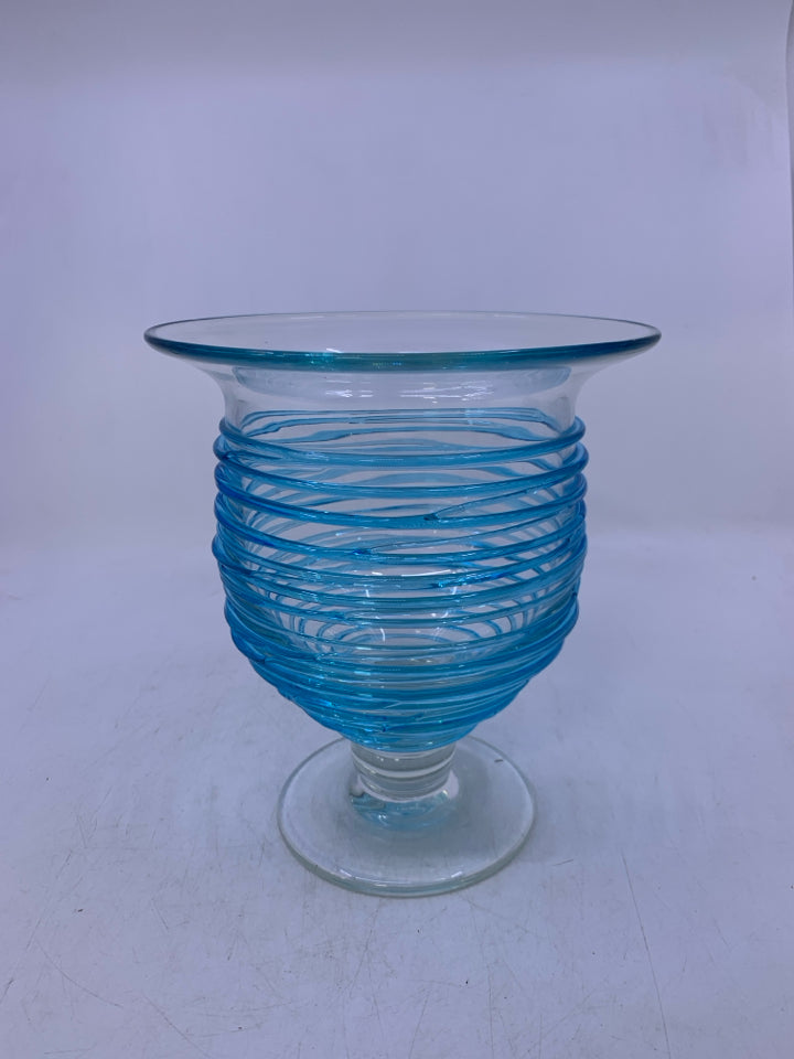 FOOTED GLASS CANDLE HOLDER W/ BLUE LINES.