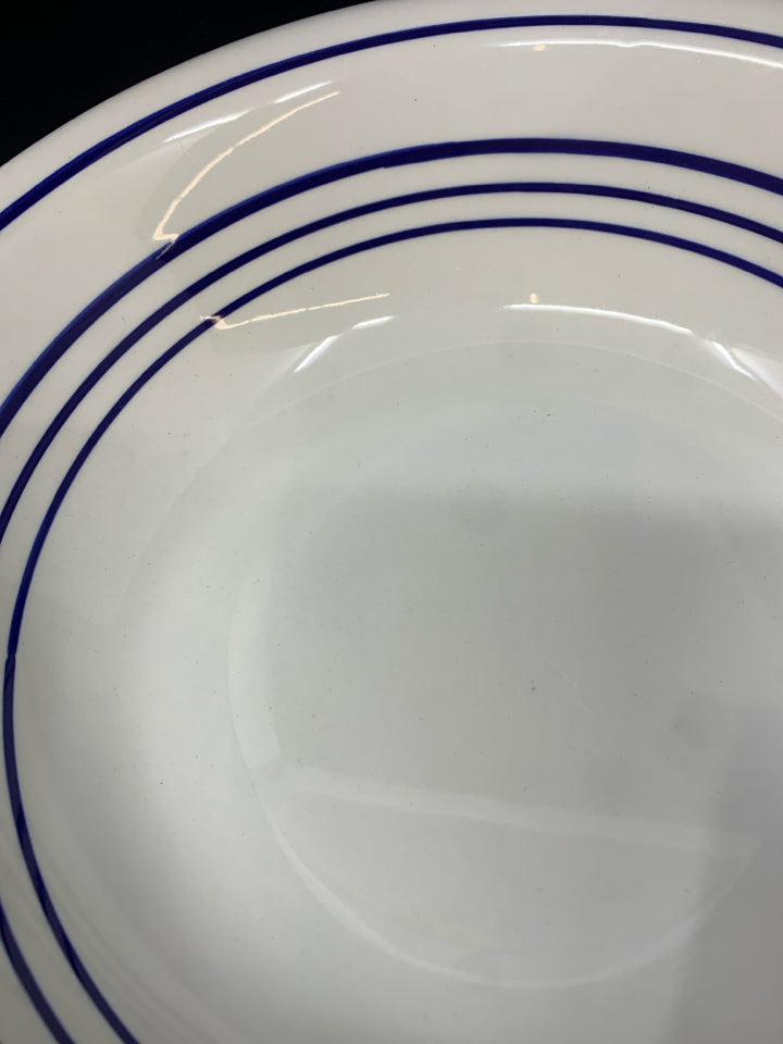 WHITE CERAMIC SERVING BOWL W/BLUE LINES.