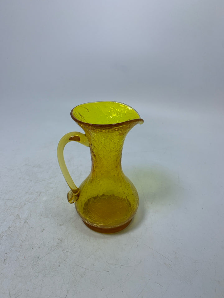 BRIGHT YELLOW CRACKLE GLASS BLOWN PITCHER.