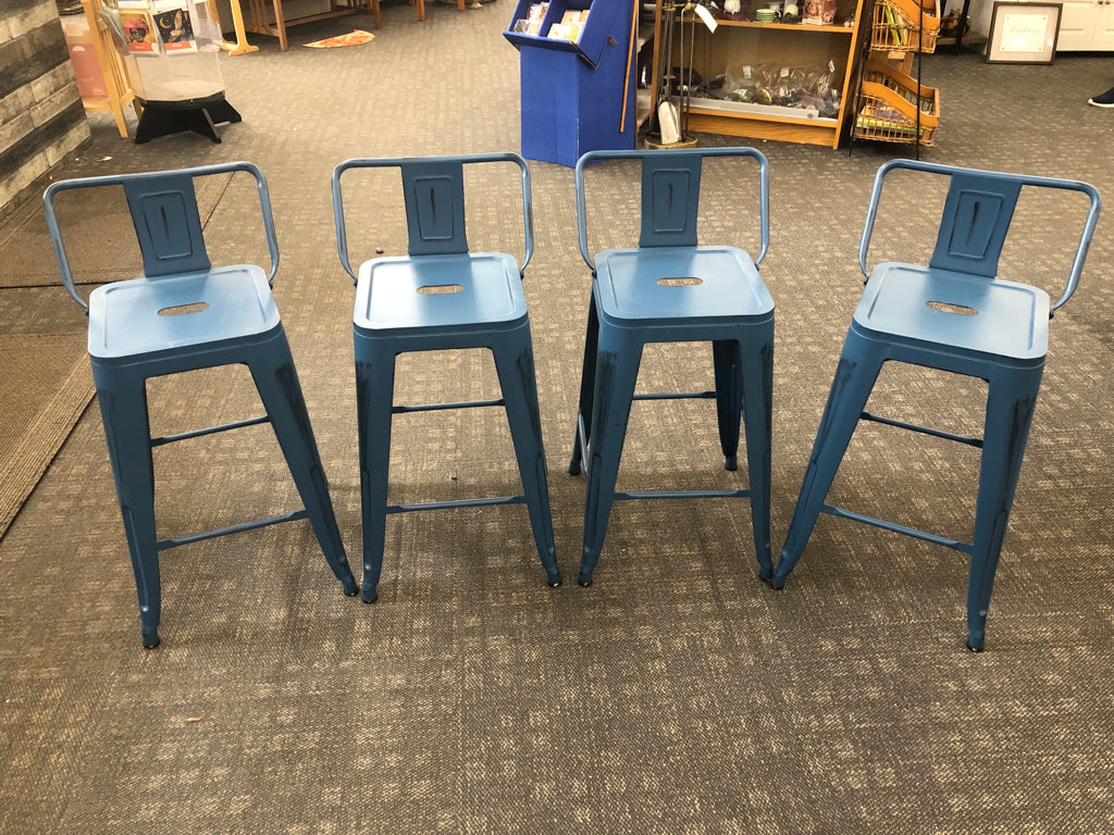 4 BLUE DISTRESSED METAL BAR STOOL CHAIRS.