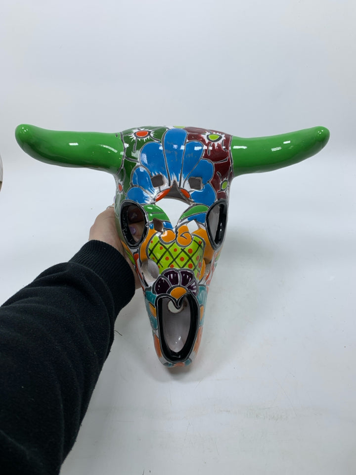 HEAVY COLORFUL TERRA COTTA COW SKULL MEXICAN FOLK ART.
