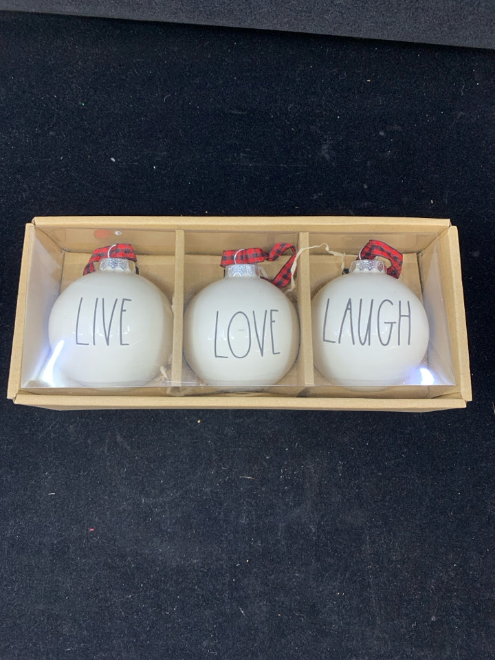 NIP LAUGH,LOVE,LIVE RAE DUNN CERAMIC ORNAMENTS.
