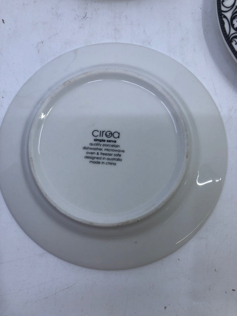 5pc APP PLATE SET WHITE W/ BLACK SCROLL DESIGN EDGE BLACK METAL STAND.