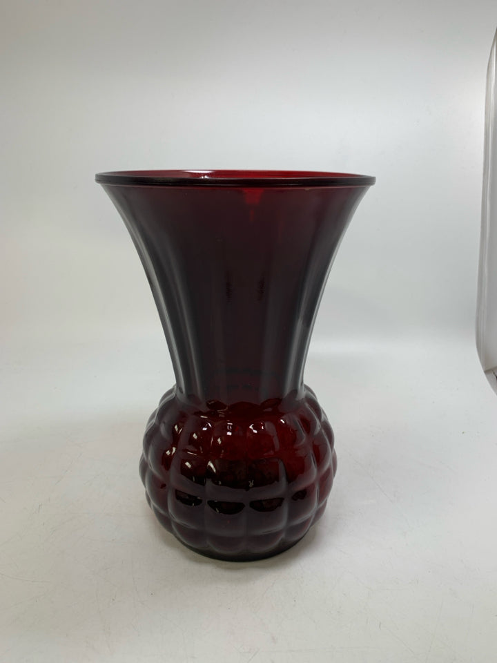 RUBY RED GLASS TEXTURED BOTTOM VASE FLARED TOP.