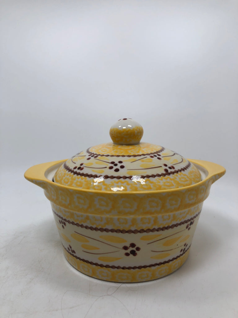 TEMPTATIONS YELLOW COVERED OLD WORLD DISH.