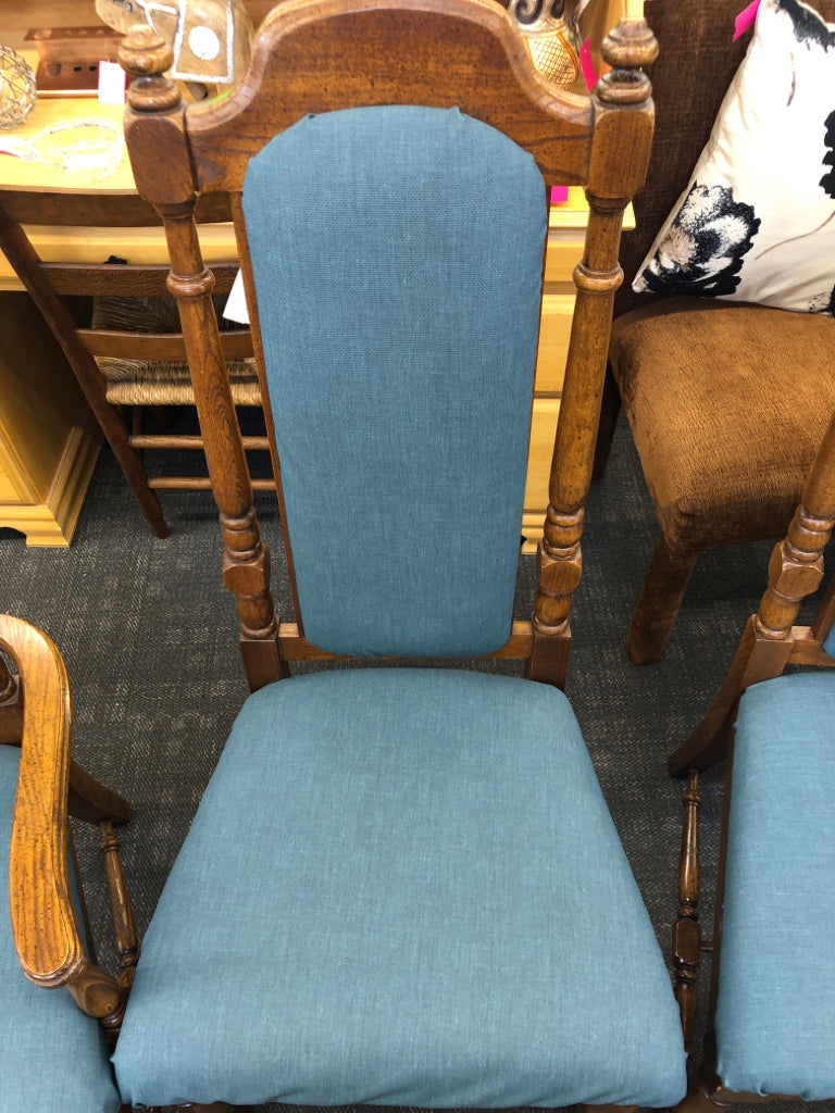 4 DARK WOOD-BLUE UPHOLSTERED DEPRESSION ERA DINING CHAIRS 2 WITH ARM, 2 WITHOUT.