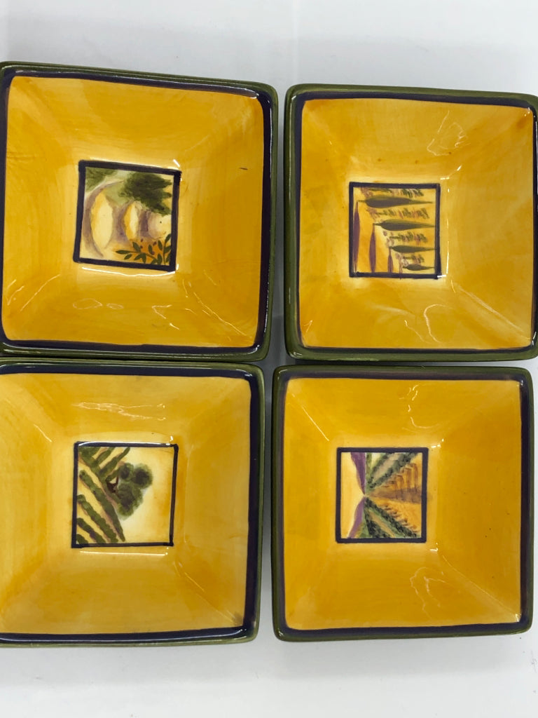 4 SQUARE PURPLE AND YELLOW BOWLS.