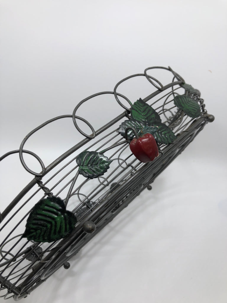 METAL BASKET W/APPLE+LEAVES DESIGN & WIRE HANDLES.
