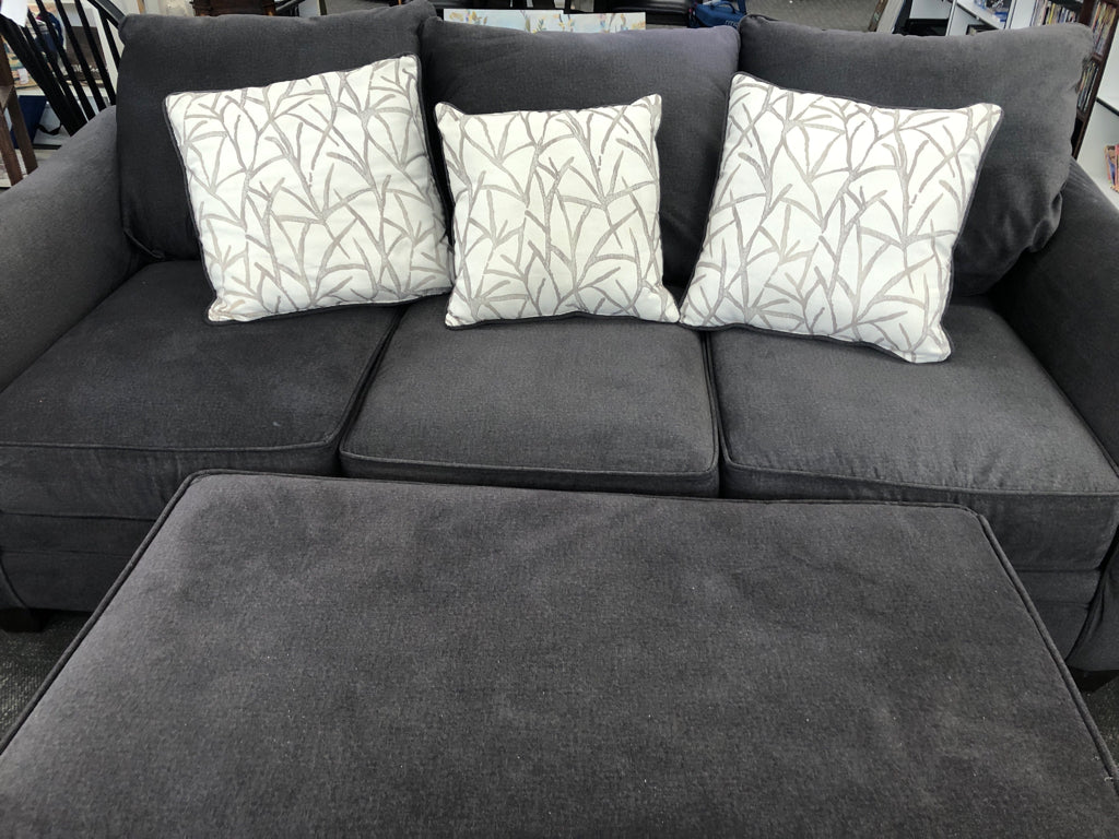 SOFT GRAY SOFA W/OTTOMAN & 3 PILLOWS.