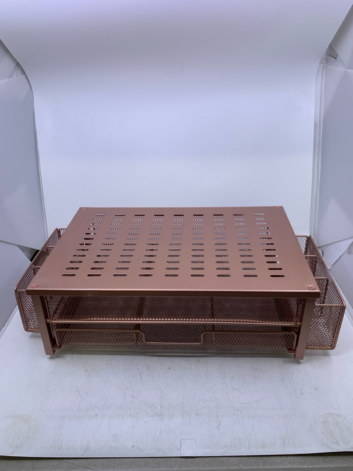 ROSE GOLD METAL DESK RISER W/ DRAWER + REMOVABLE STORAGE ON SIDES.