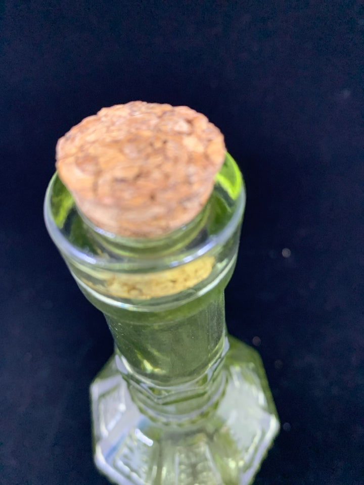 LIME GREEN EMBOSSED GLASS BOTTLE W/CORK STOPPER.