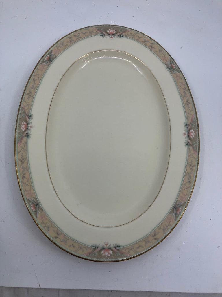 VTG MIKASA GOLD W PALE PINK FLORAL OVAL PLATTER.