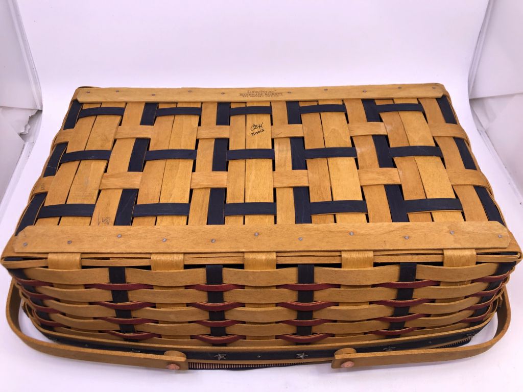 2000? ROUNDED RECTANGLE BASKET, LID, LINER, PROTECTOR- RED & BLUE WEAVE SILVER S