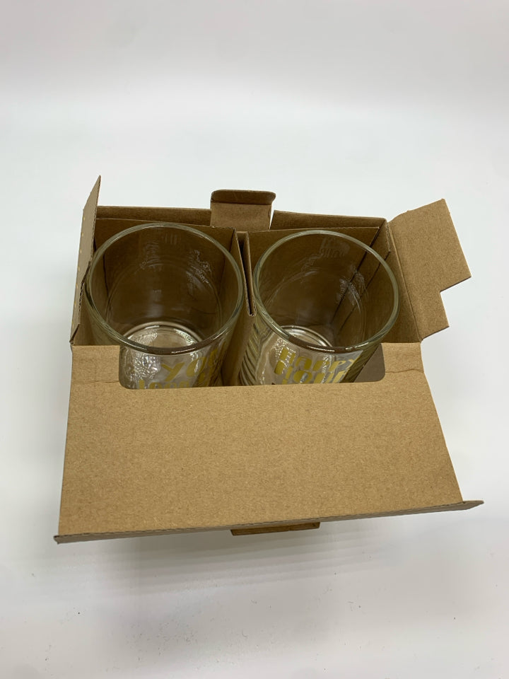 2 NIB HAPPY HOUR GLASSES W/GOLD LETTERING.