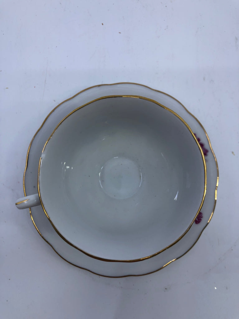 PINK ROSE, GREEN LEAVES TEACUP AND SAUCER.