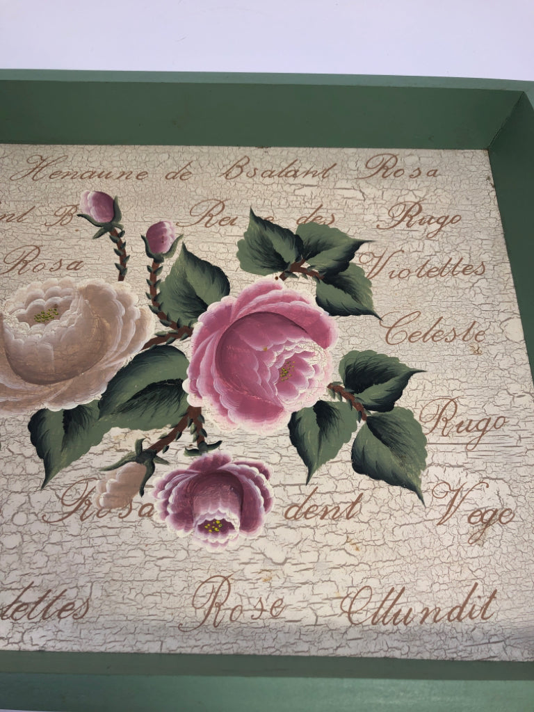 ROSE PAINTED GREEN TRAY W/HANDLES.