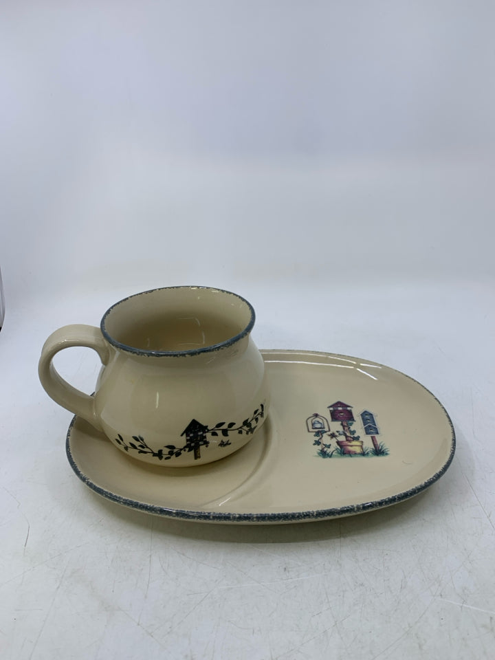 2 PC SNACK PLATE/SOUP BOWL W/ BIRD HOUSES.