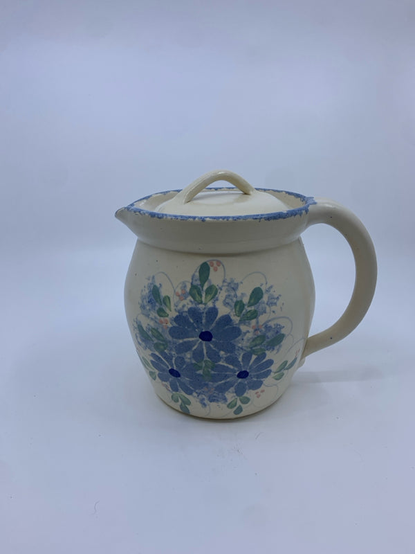 SMALL PITCHER W/ BLUE FLOWERS AND LID.