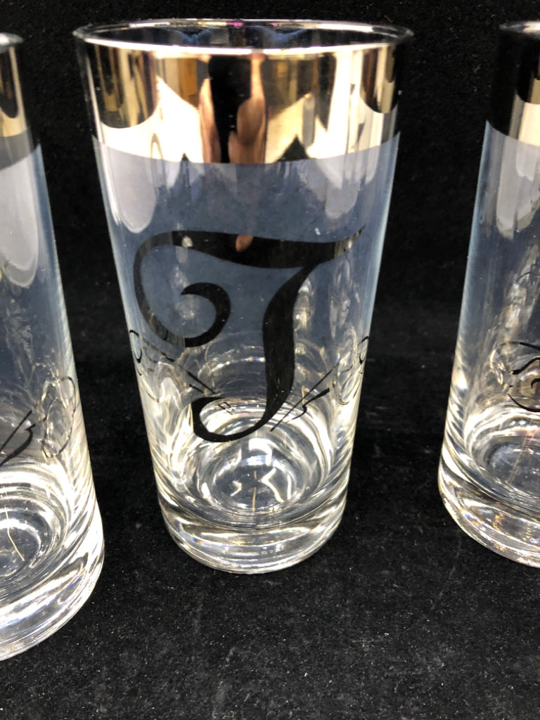 4 VTG SILVER MONOGRAM T GLASSES.