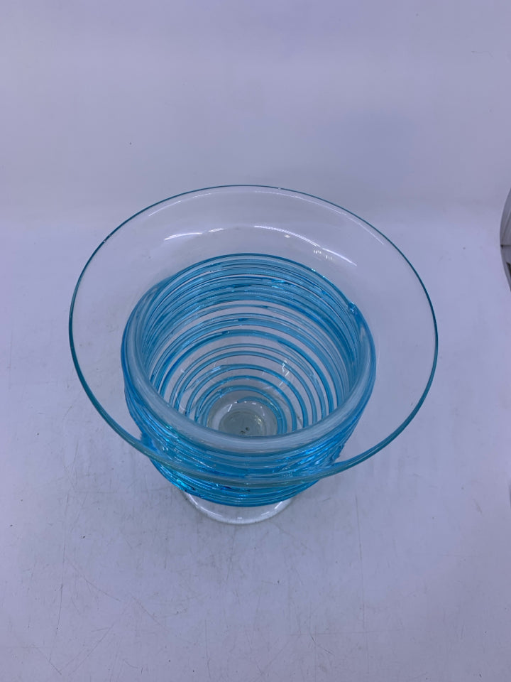 FOOTED GLASS CANDLE HOLDER W/ BLUE LINES.