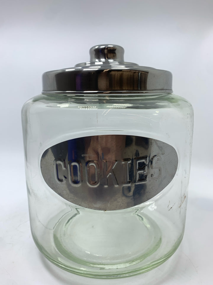 GLASS COOKIE JAR W/SILVER LID.